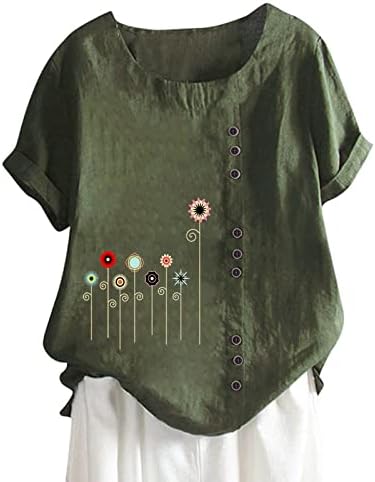 Женски кратки ракави памучни постелнина Топ лето цврста боја на екипажот на вратот на вратот плус големина гроздобер кошула обична лабава блуза