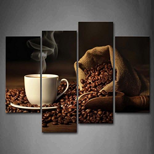 Прва wallидна уметност - кафеава чаша кафе и зрна кафе. Wallидна уметност сликање на сликата на платно храна слики за подарок за украсување дома