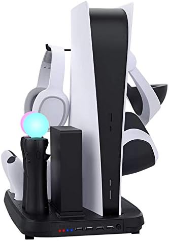 Fyoung Вертикален Држач ЗА PS5 Дигитално Издание/Ултра HD Конзола Со Вентилатор За Ладење И Станица За Полнење На Контролорот, Држач За Полнење