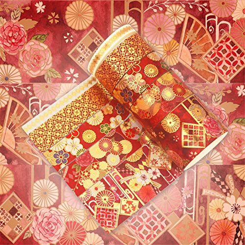 Аеборн Златна Фолија Ваши Лента - 15 Ролни Гроздобер Јапонски Ваши Лента, Широк Убави Цвеќиња Ваши Маскирање Лента, Совршен За
