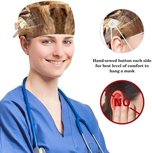 Муоум операција капа буфан капа за работни капа со копчиња и лакови за коса за жени, долга коса, насмеана лав
