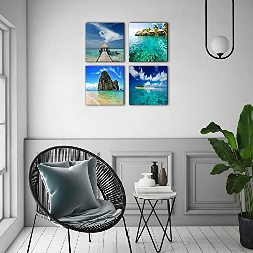 Слики со природен приморски пејзаж Слики на пејзаж, 4 панели плажа сонувано место крајбрежно wallид декор, островско морско платно отпечатоци