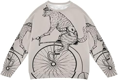 Смешна маичка за деца со линомо, смешна мачка на ретро велосипед, долги ракави врвови на екипажот пулвер маица џемпери за момчиња девојчиња