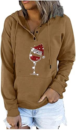 Ganенфанп женски качулка горното зимско копче надолу по долги ракави со аспирани џемпери Божиќни елка печати пулвер со џеб