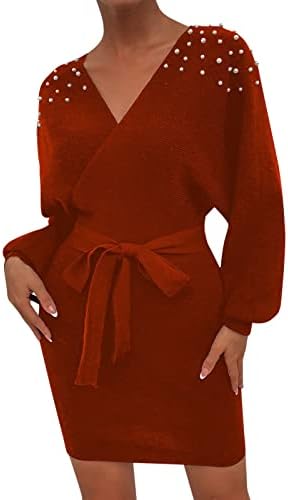 Longенски долги ракави V вратот плетен џемпер фустан со монистра фустан од волна облека жена облека