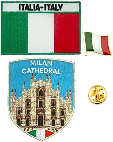 А -Оно - Амблем на Катедралниот штит Милано+Италија знаме и Пинбаџ, Дуомо ди Милано, обележје на обележје, печ за историски локалитети, пин со