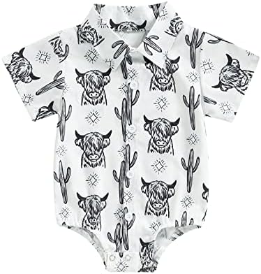 Новороденче момче кошула ромпер крава печати со долги ракави лаппел копче надолу по каросерија преголема врвна облека од западен