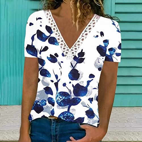 Комиева салон блузи за тинејџерки летни есен кратки ракави vneck чипка спандекс цветни печатени блузи жени 2023 4E