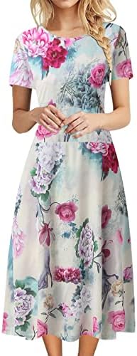 Дами обични фустани со џебови лето цветни принтрики кратки ракави макси фустан со висок половината лабава долг фустан