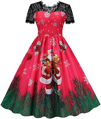 2022 Божиќни Фустани За Жени Коктел Фустан Со Печатена Снегулка Гроздобер Божиќен Фустан Од 1950-тите А-Линија Фустан За Лулашка